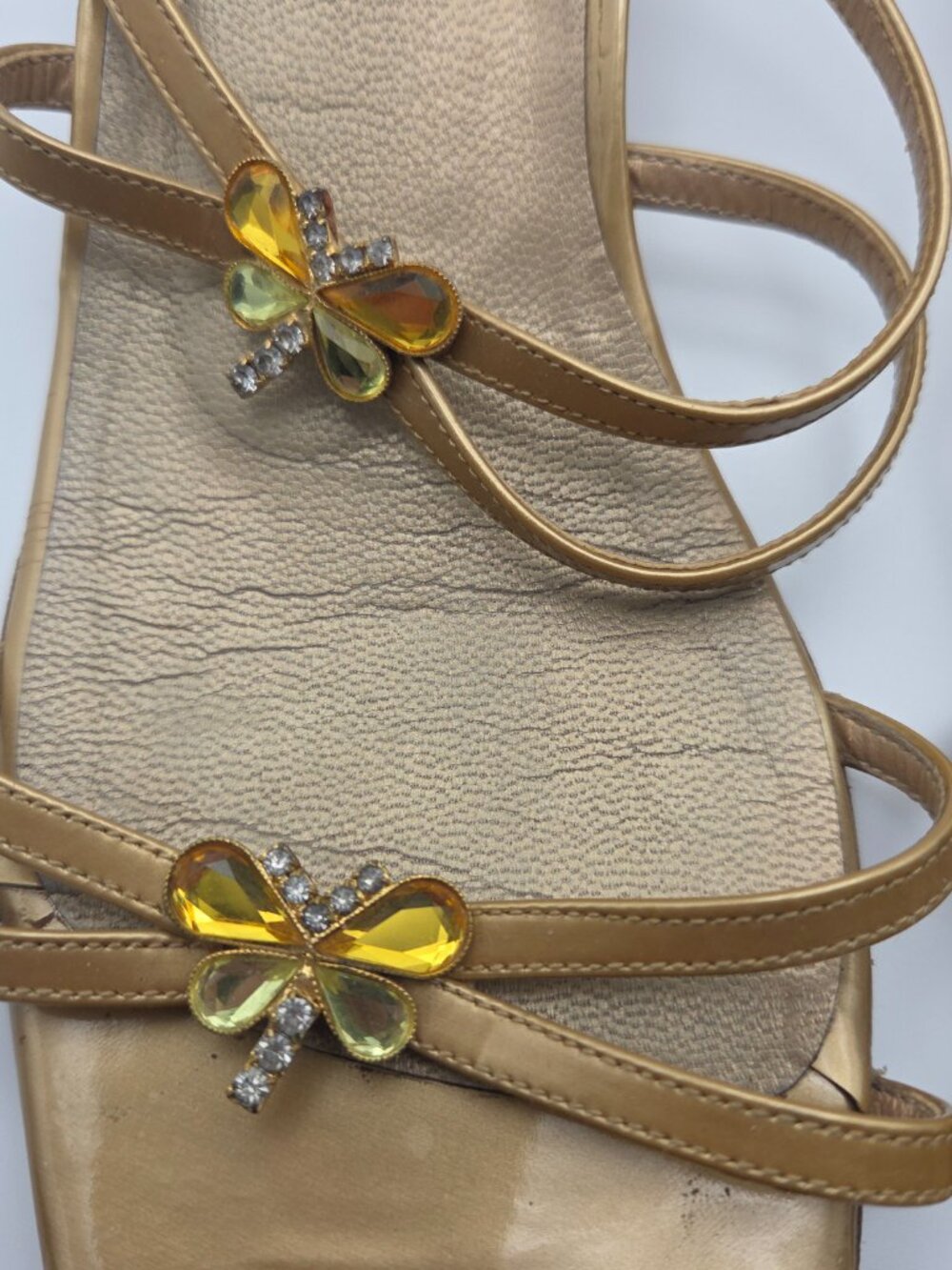 Stuart Weitzman Bugaboo Sandals – Gold Rhinestone Butterfly Heels Y2K Si - Picture 3 of 7